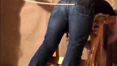 Caned over tight jeans Daddy boy