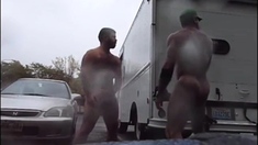 Guys Very Public Rainy Stroking in parking lot