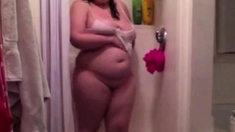 BBW With Big Ass and Tits Strips in Shower on Webcam