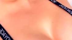 Busty curly brunette with big boobs fucks on couch