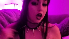 Busty curly brunette with big boobs fucks on couch