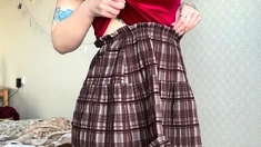 Amateur busty brunette masturbates and does hand job