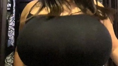 Busty curly brunette with big boobs fucks on couch