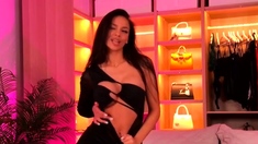 Big tit brunette amateur fucks a dildo close up